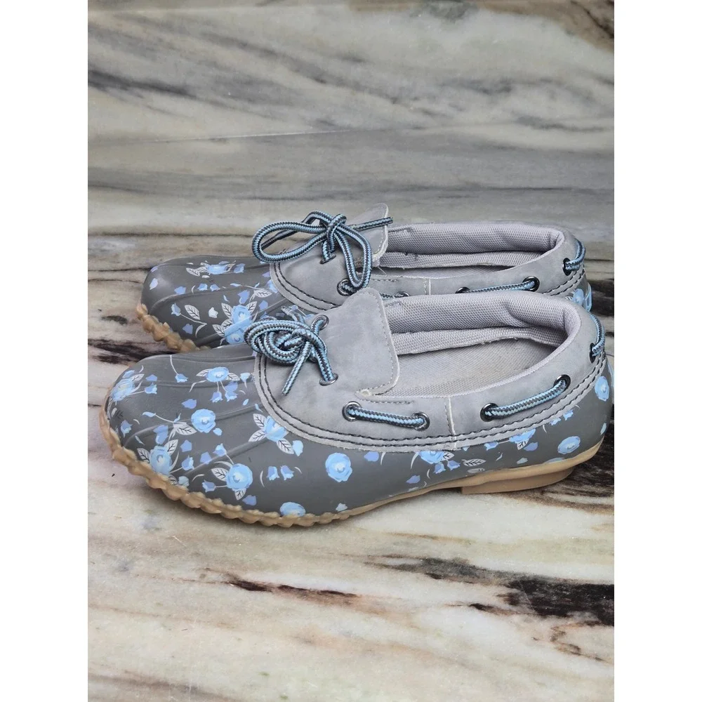 JBU by Jambu Gwen Garden Ready Grey Blue Floral Duck Shoes Rain Loafers Womens 6